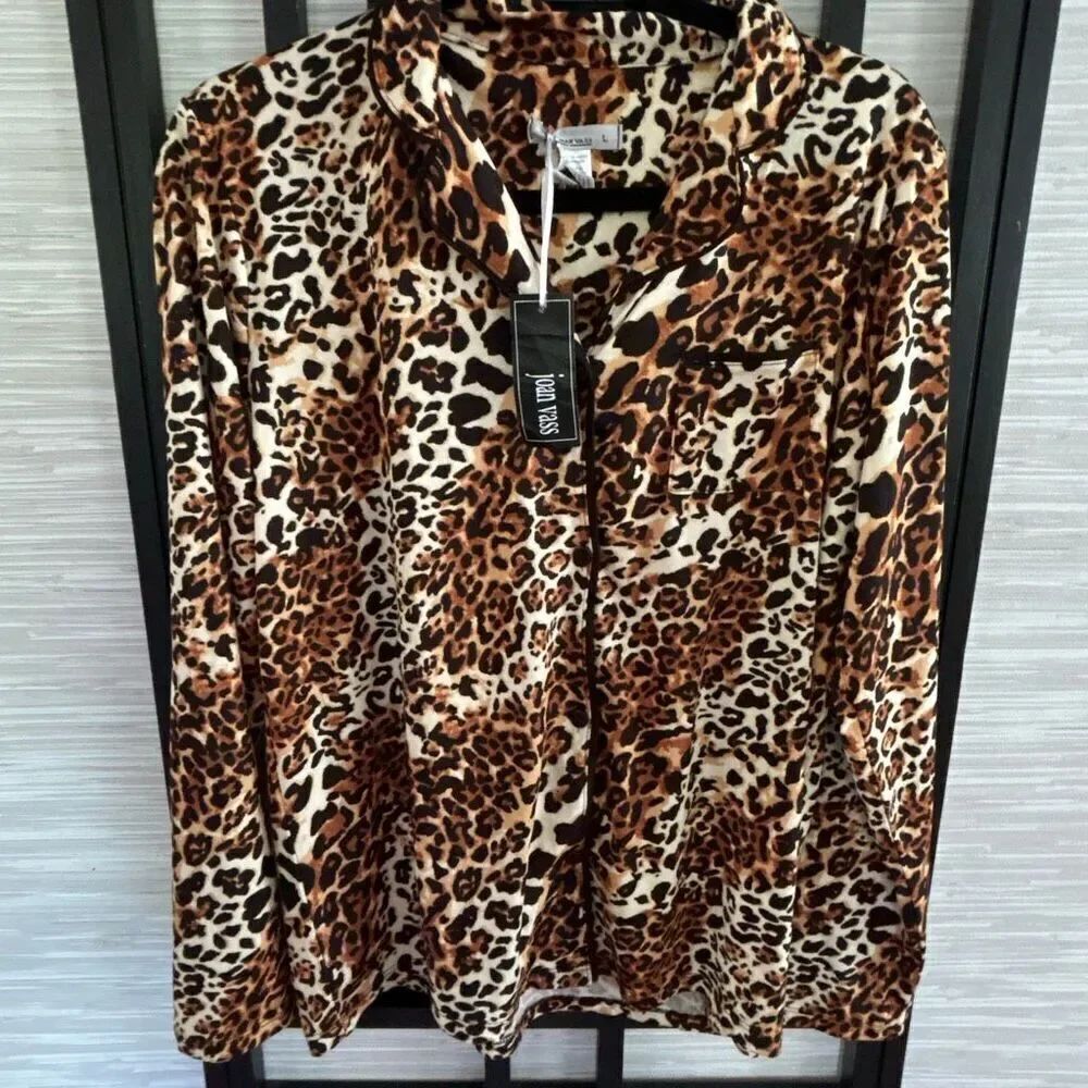 NWT Joan Vass leopard print cheetah long sleeve pajama top. Size L